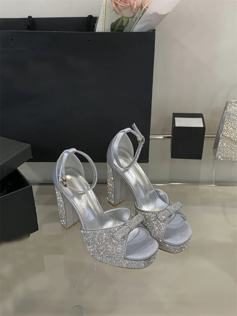 Crystal Bowknot Open Toe Platform Sandals for Women