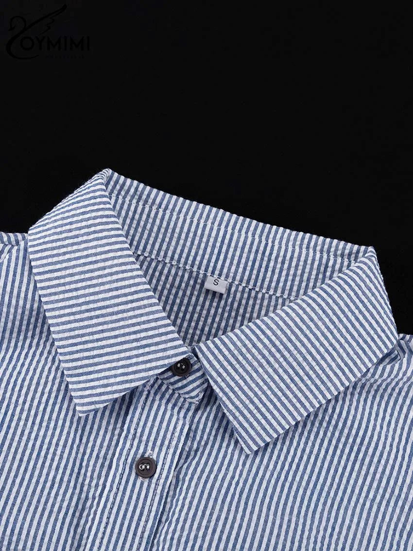 Oymimi Casual Dark Blue Print Women's Two Pieces Set Elegant Long Sleeve Button Shirt And Low Waist Straight Trousers Female Set