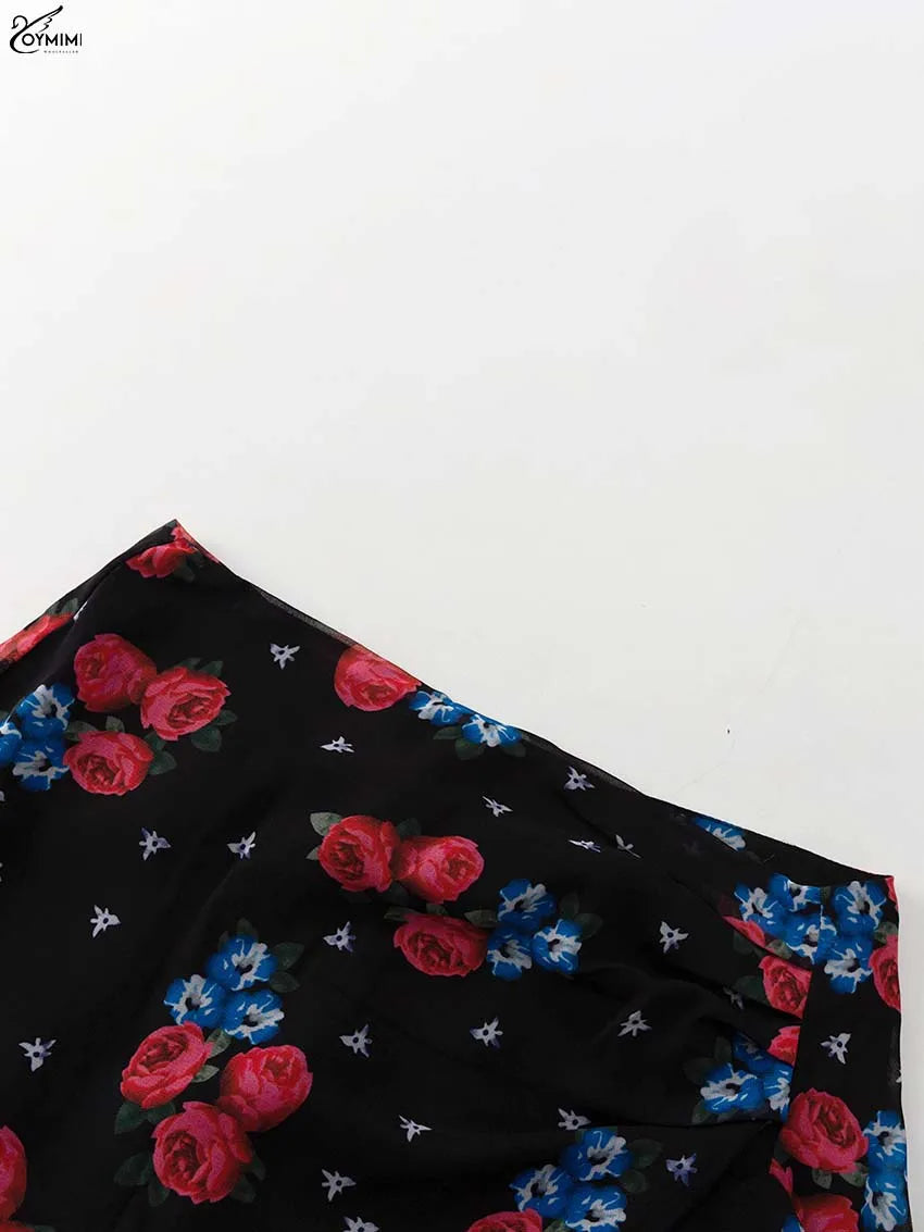 Oymimi Elegant Black Print Two Piece Set For Women Fashion Ruffled Long Sleeve Crop Shirts And Side Slit Floor-Length Skirts Set