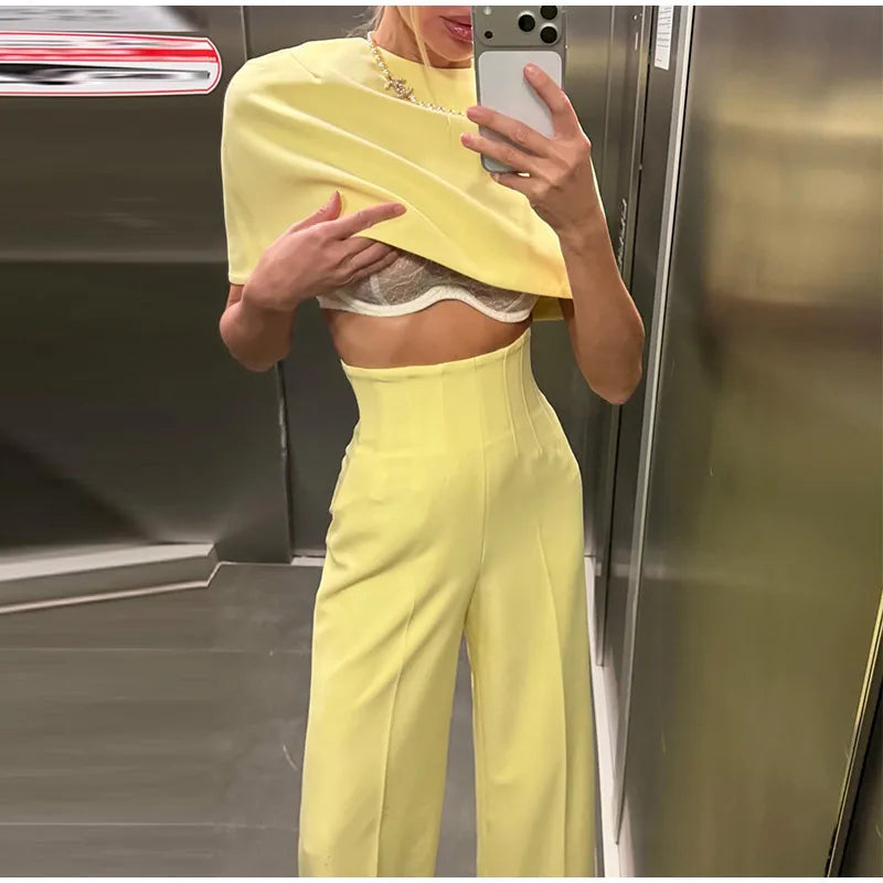 Elegant Wide Leg Pants And Blazer Three Piece Set For Women