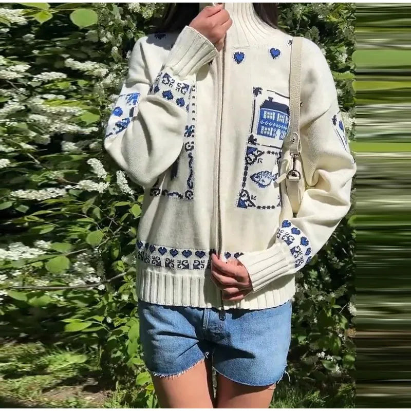 Blue Jacquard Stand Collar Zipper Cardigan for Women