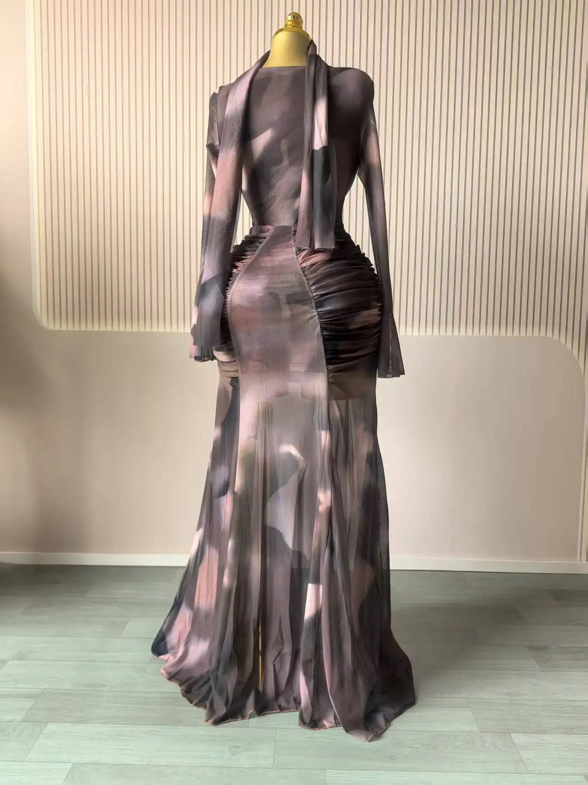Tie Dye Ruched Skew Neck Long Sleeve Maxi Dress for Women