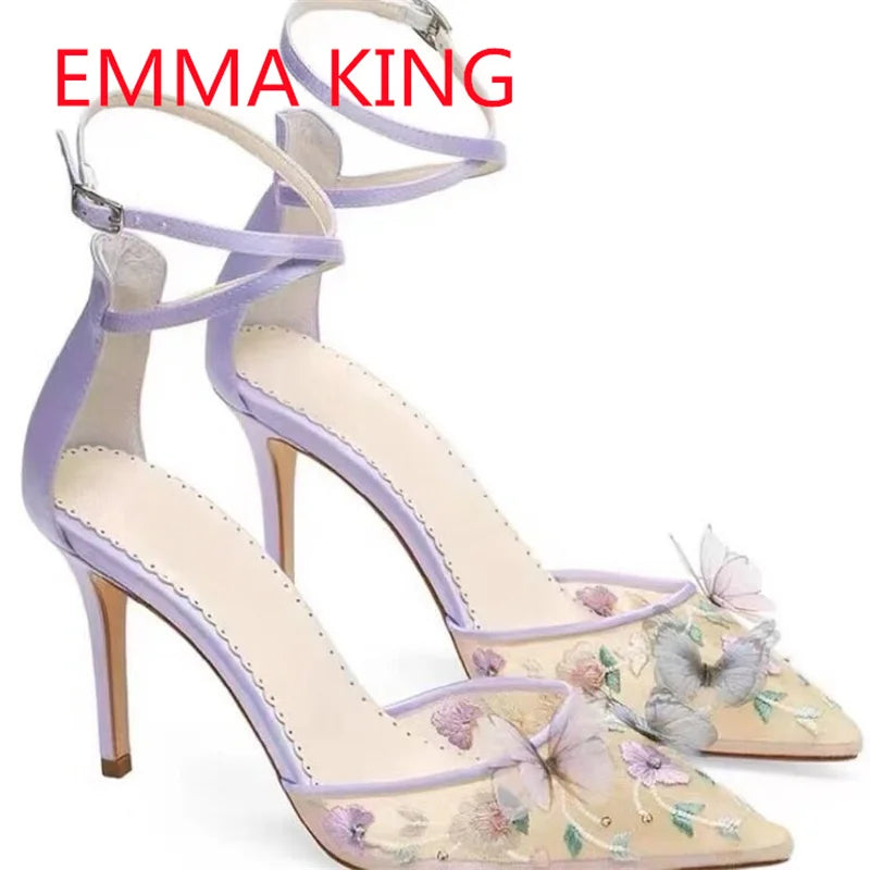 Pointed Toe Purple Silk Embroidered Pumps with Ankle Strap for Women