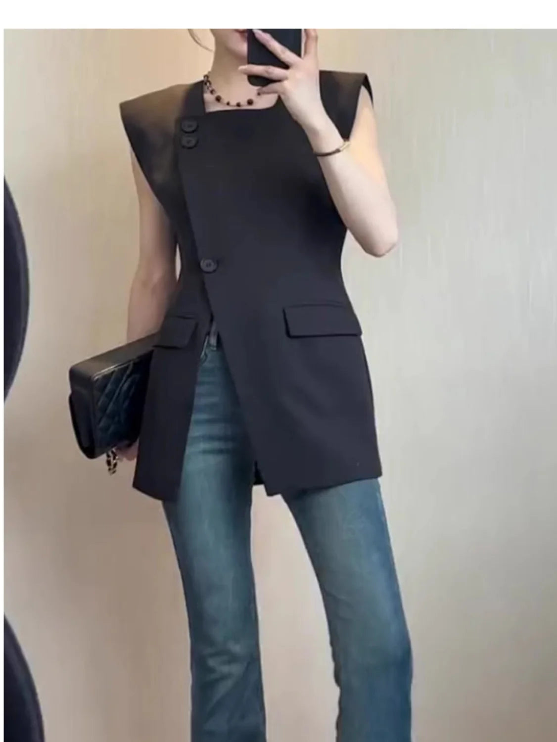 Black Button Front Split Sleeveless Vest For Women