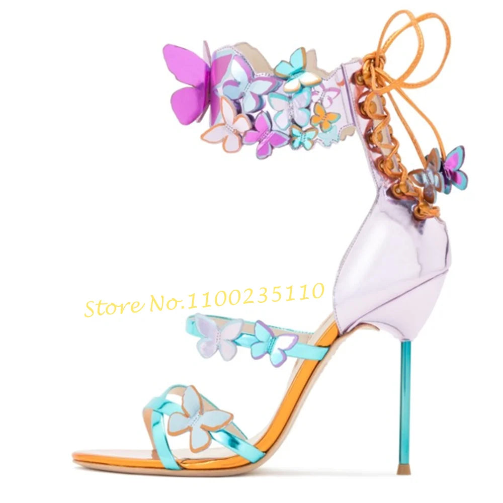 Crystal Butterfly Peep Toe Lace Up Thin Heel Sandals for Women