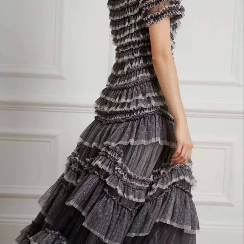 KUCLUT Fashion Women's Multi Layer Mesh Patchwork Dress Elegant Heavy Industry Evening Party Ruffled Short Sleeve Dresses YZJ28