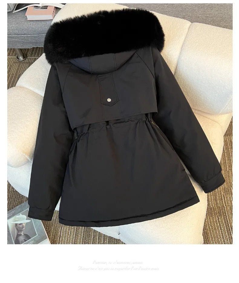 Korean Style Quilted Hooded Coat With Fur Collar For Women