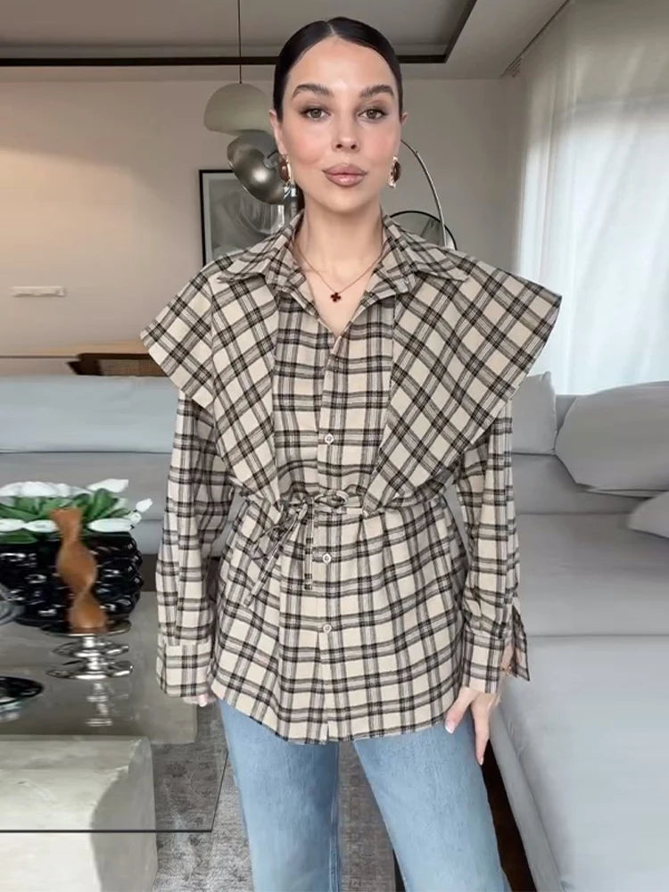 Elegant Plaid Patchwork Long Sleeve Shirt for Women