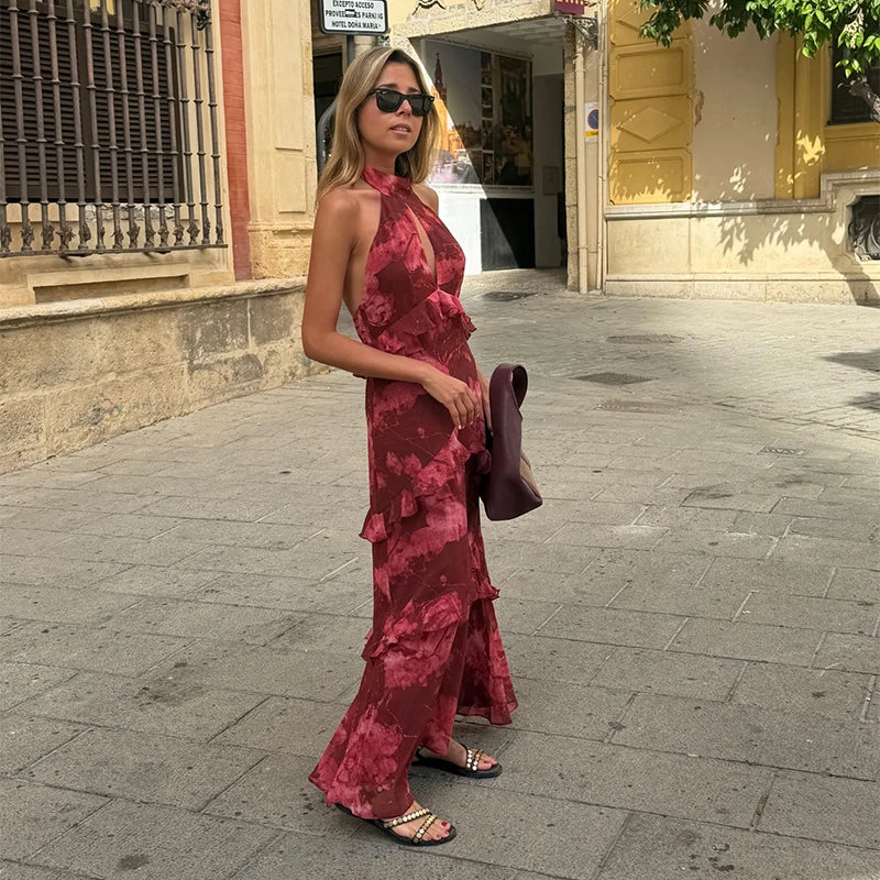 Cascading Ruffle Pleated Maxi Dress with Lace Up for Women