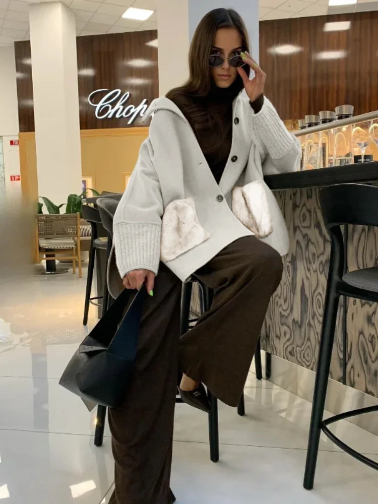 Loose Knit Fur Standup Collar Long Sleeve Pocket Cardigan for Women