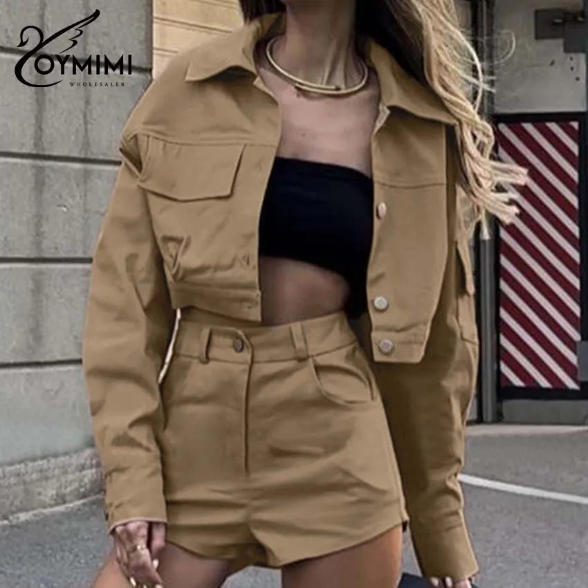 Oymimi Casual Khaki Womens 2 Piece Outfit Set Fashion Long Sleeve Button Pockets Shirts And High Waist Simple Shorts Streetwear