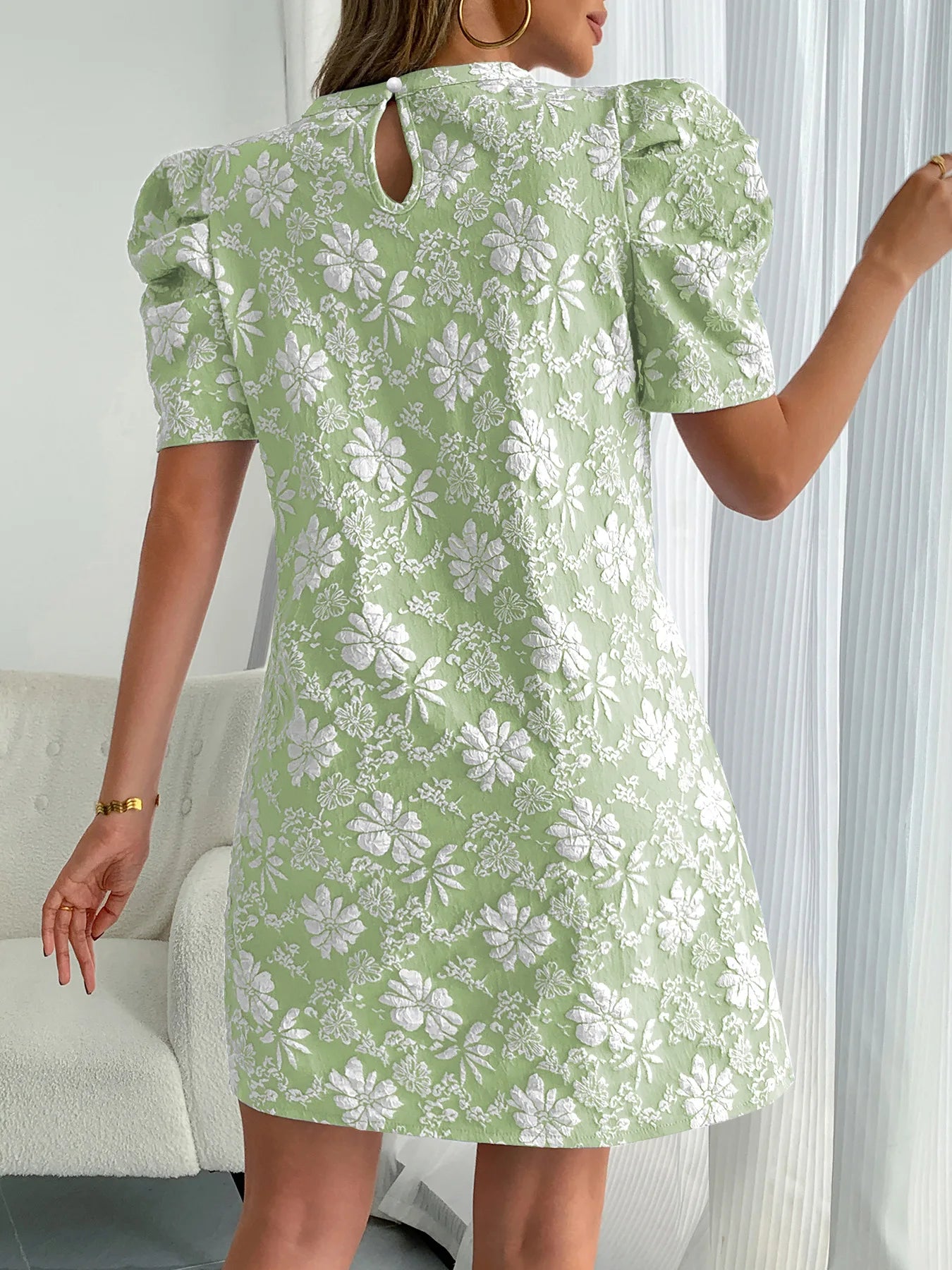 Textured Jacquard Puff Sleeve Midi Dress for Women