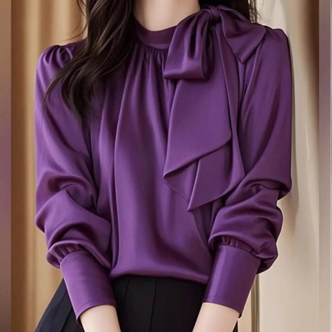 Elegant Purple Satin Blouse With Delicate Bow Accent For Women
