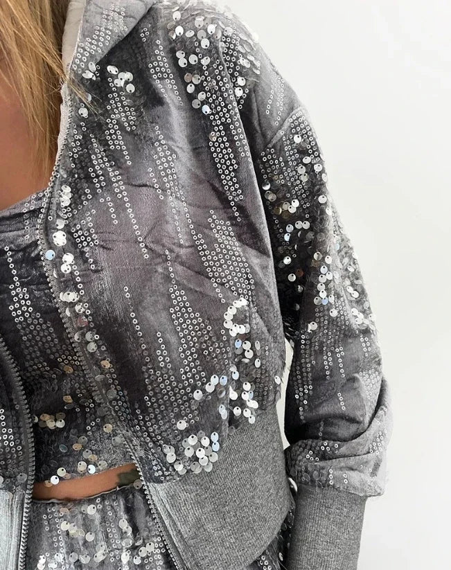 Fashion Sequin Jacket Women Clothing Hooded Y2k Casual Velvet Contrast Daily Long Sleeve Zip Up Coats for Female Streetwear