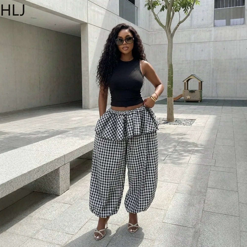 Sleeveless Top and Plaid Ruffle Pants Two Piece Set for Women