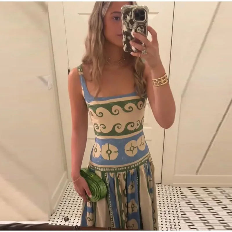 Printed Sleeveless Backless V Neck Midi Dress for Women
