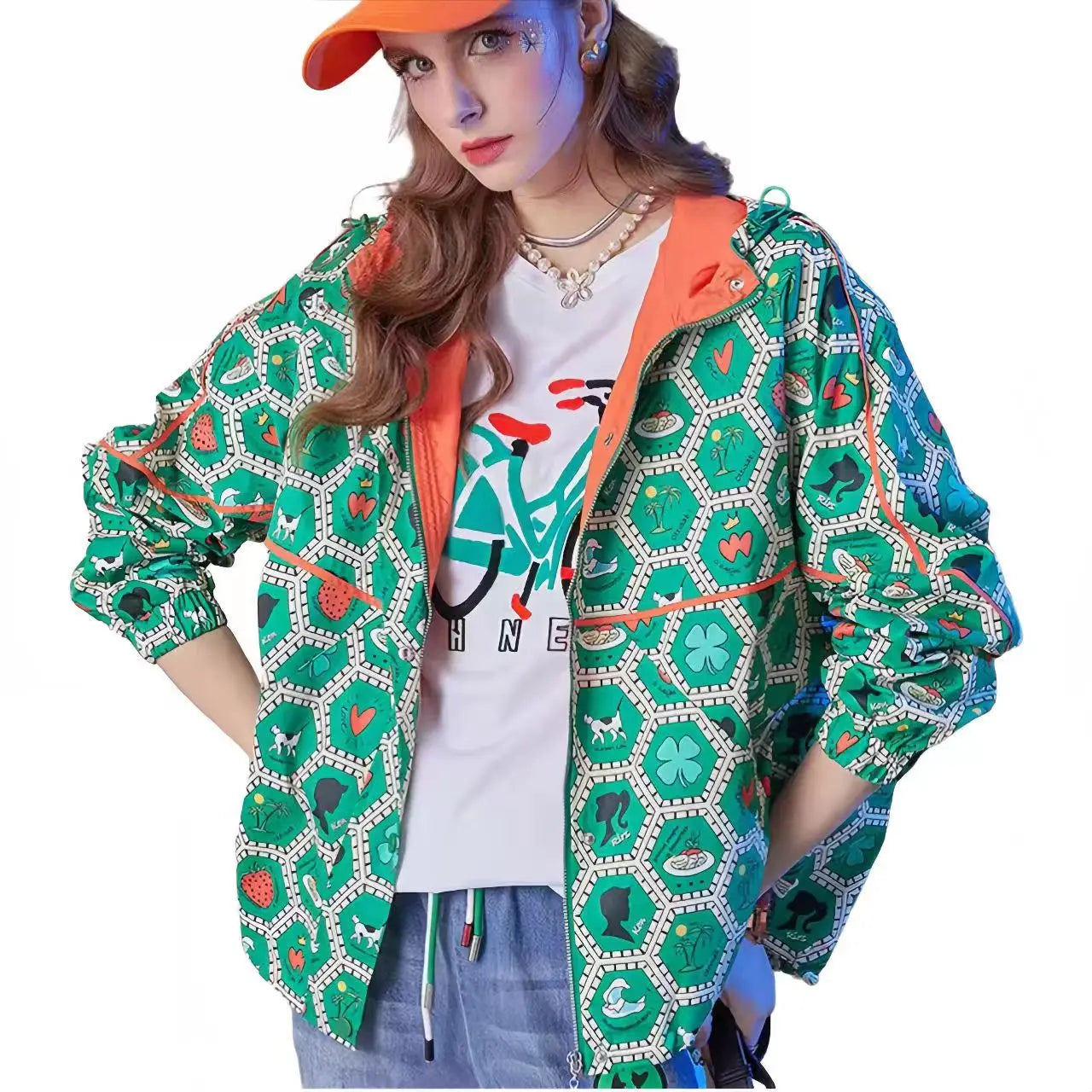 Women's Hooded Zipper Jacket, Casual Outerwear, Loose Tops, Print Doodle Coats, Female Clothing, Autumn, Winter, New