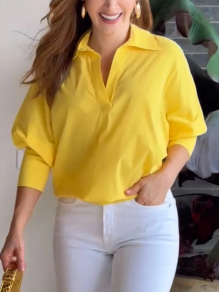 Beautyblue Women Yellow Blouse Cotton Shirt Summer New Casual Loose Tops Spring Chic Lapel Shirt Female Work Wear Shirt Blouse