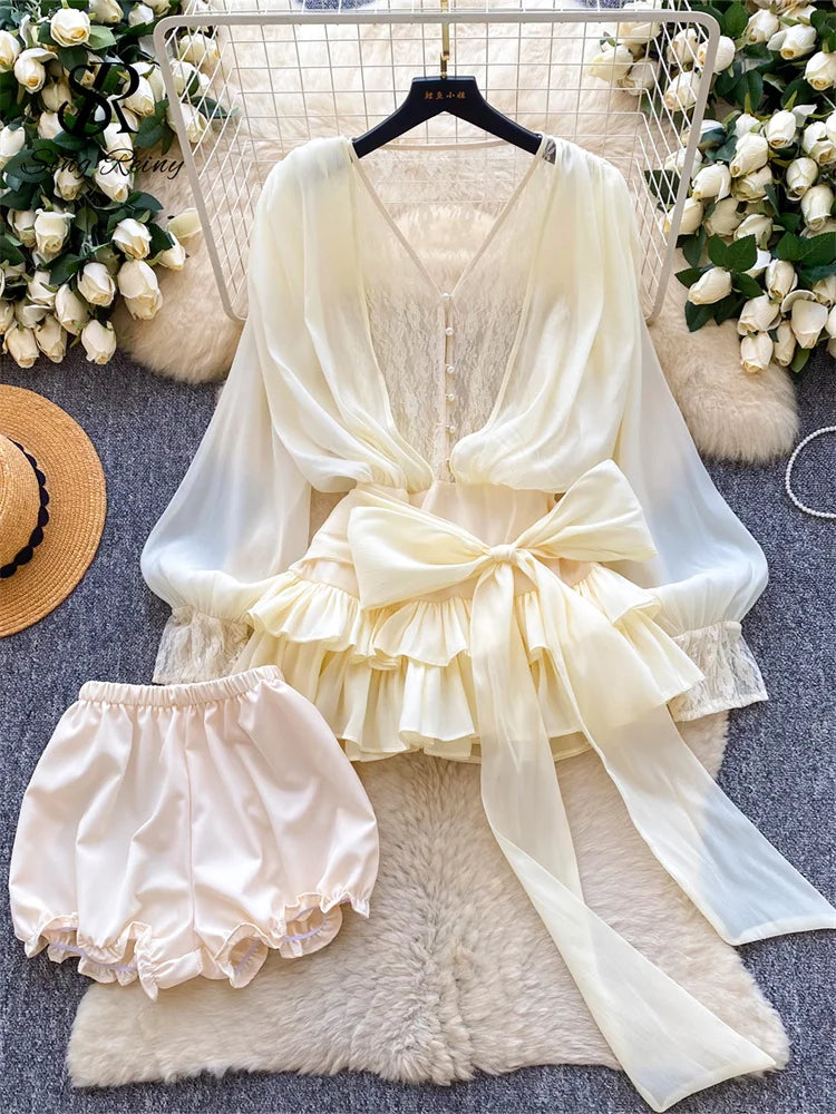 Lace Chiffon Mini Dress With Ruffles and Shorts for Women