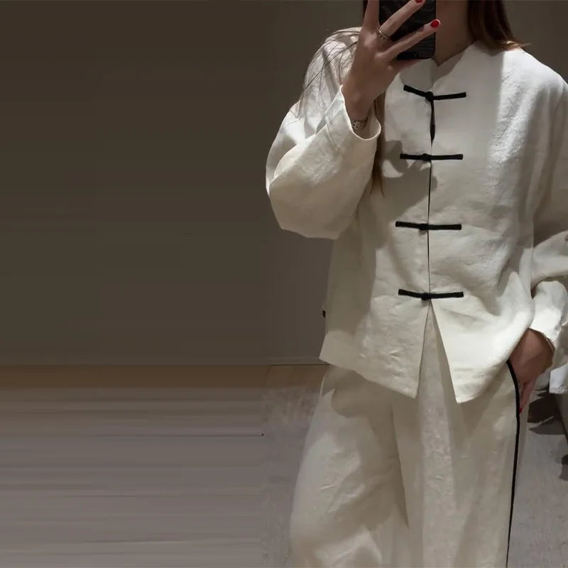 Casual Cotton Coat And Wide Leg Trouser Set for Women