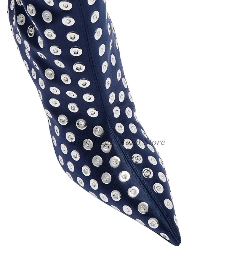 Deep Blue Studded Leather Knee High Boots for Women
