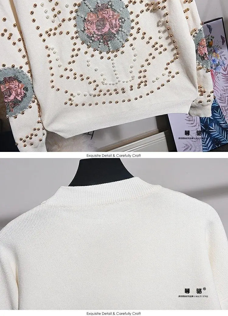 Spring Autumn Women Knitting Suits Trendy Beading Cross Stitch Pullover Sweater Top + Loose Casual Harem Pants White Knit Sets