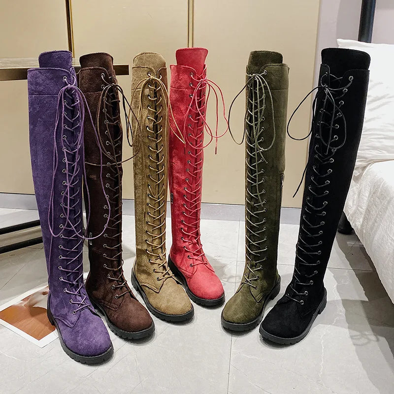 Lace Up Low Heel Winter Over The Knee Boots for Women