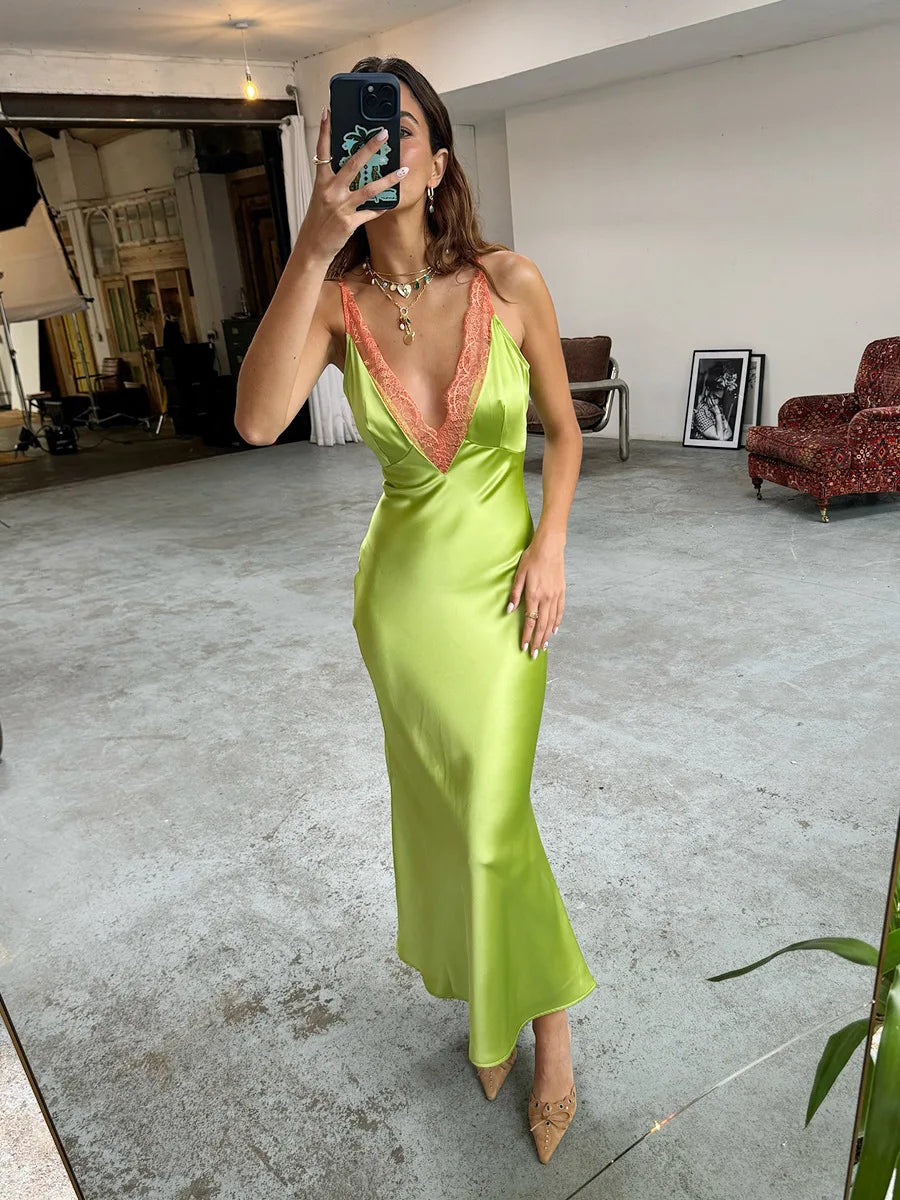 Lace Trim V-Neck Sleeveless Ankle Length Maxi Dress for Women