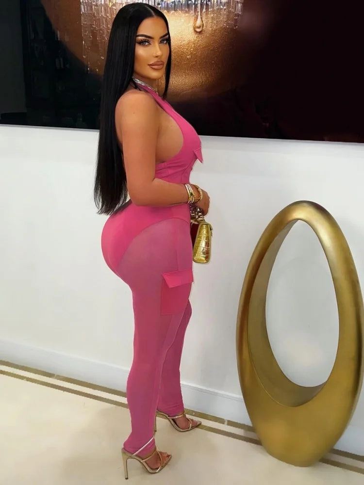 Solid Halter Neck Backless Sleeveless Zip Up Jumpsuit for Women