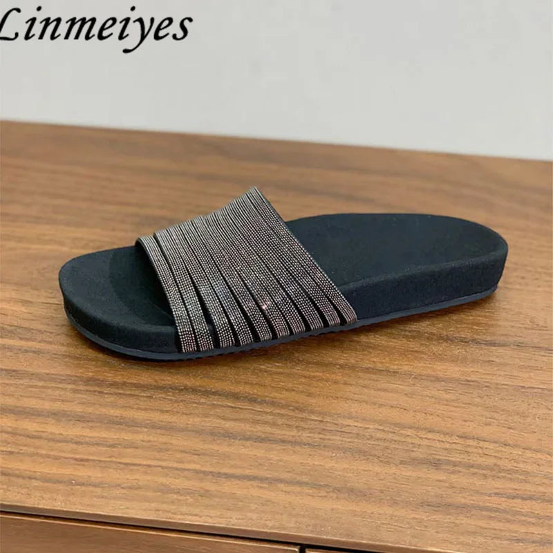 Cow Suede Bead Chain Narrow Strap Slippers for Women