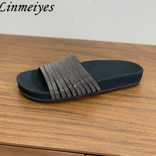 Narrow Bead Chain Cow Suede Slippers