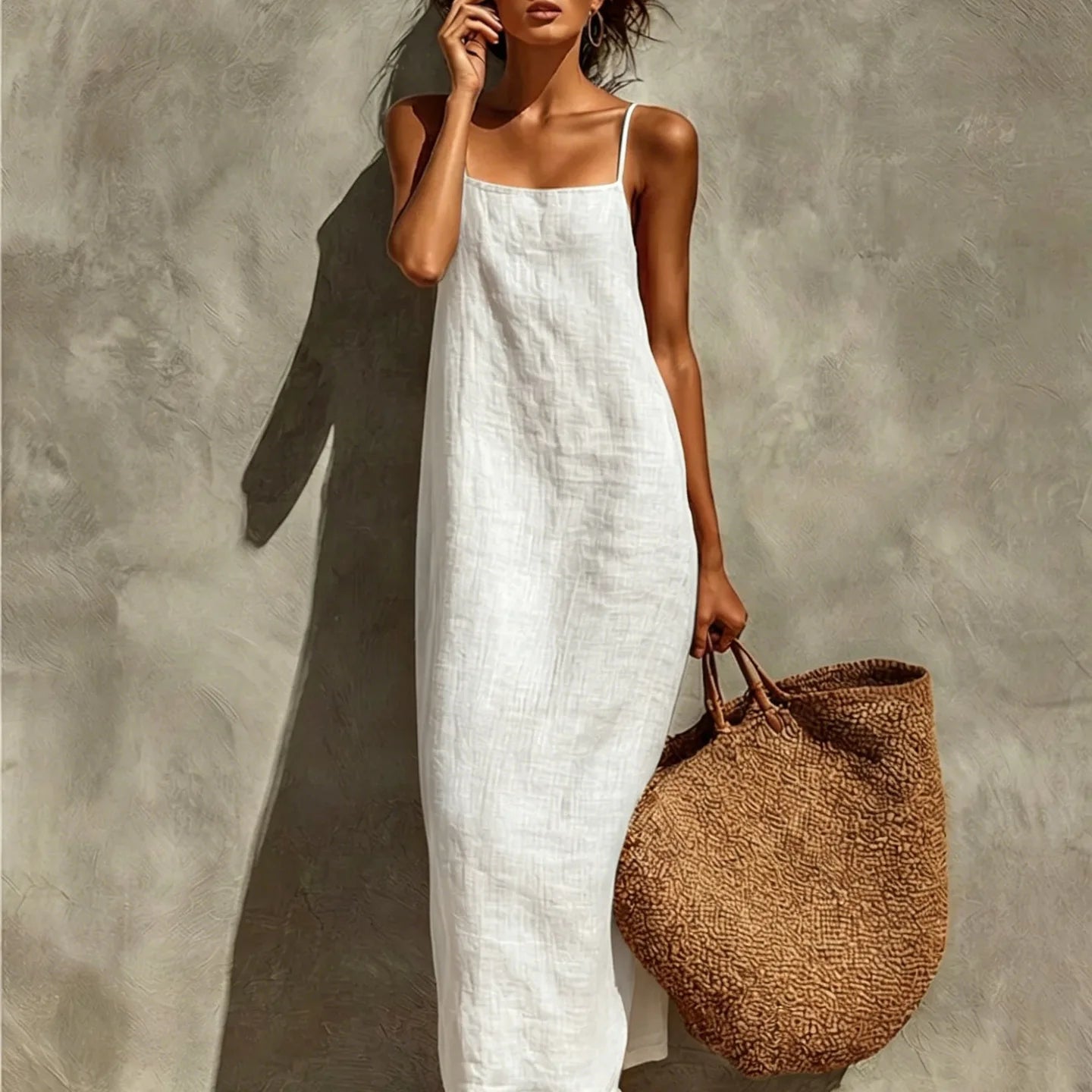 New Solid Color Square Neck Spaghetti Strap Linen Maxi Dress for Women