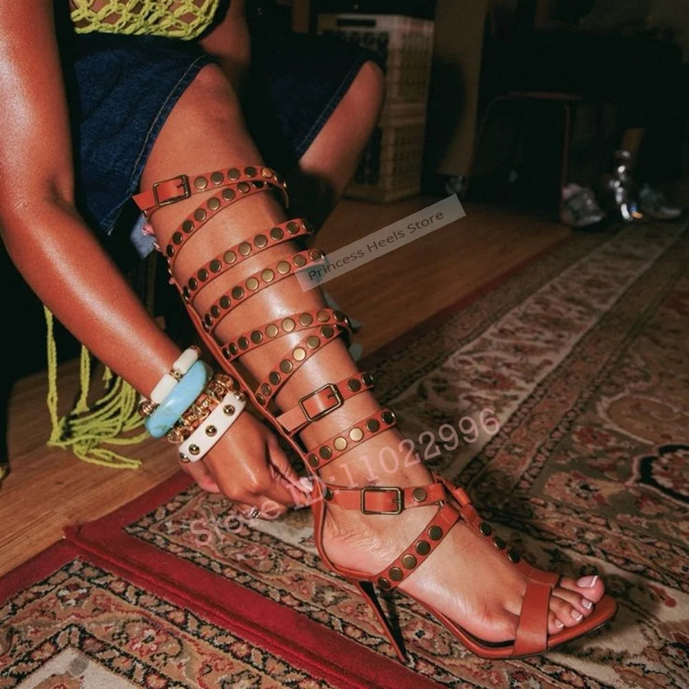 Rivet Buckle Straps Open Toe Hollow Cut Cross Tied Zipper Sandals for Women
