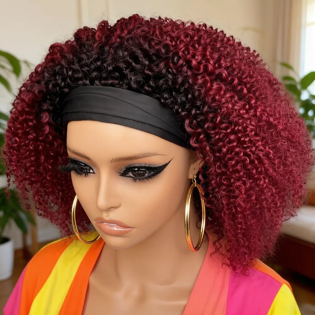 Burgundy Ombre Kinky Curly Human Hair Headband Wig for Women