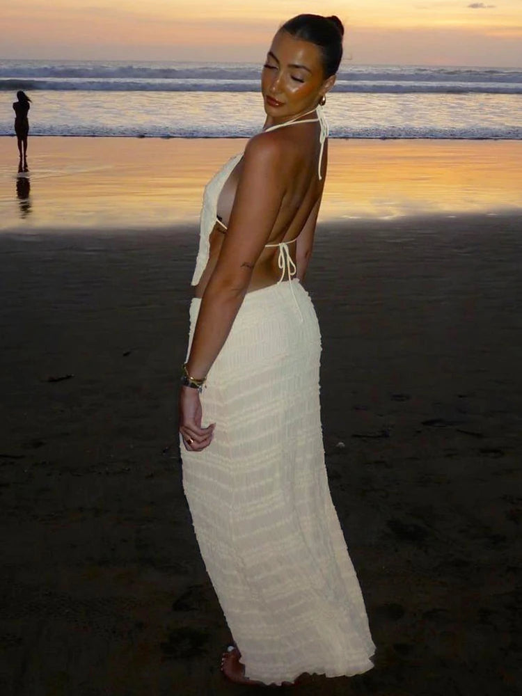 Elegant Backless Halter Two Piece Skirt Set for Women