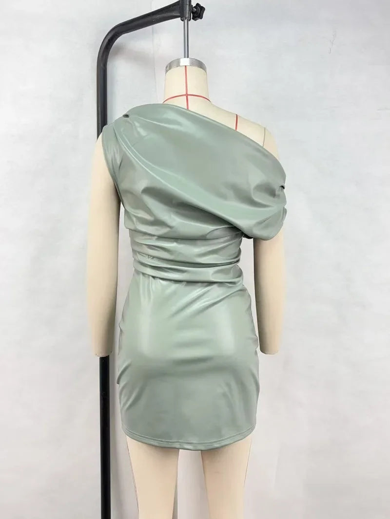 Elegant Inclined Shoulder Pu Leather Ruched Bodycon Mini Dress for Women