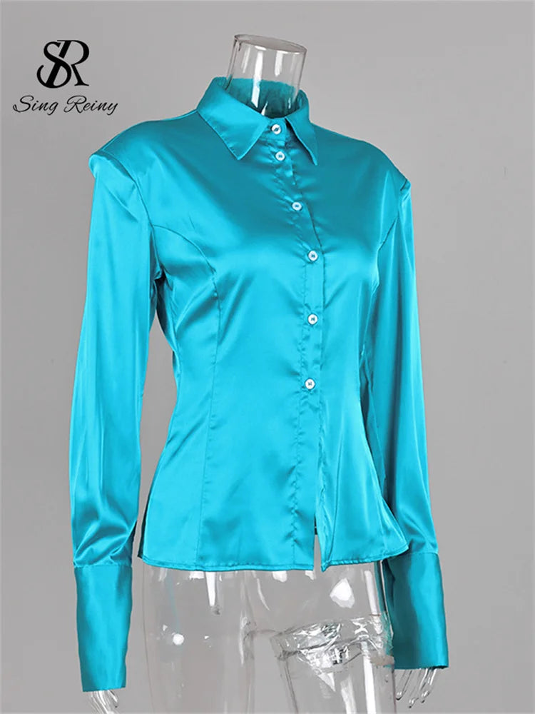 Slim Fit Satin Long Sleeve Button-Up Blouse for Women