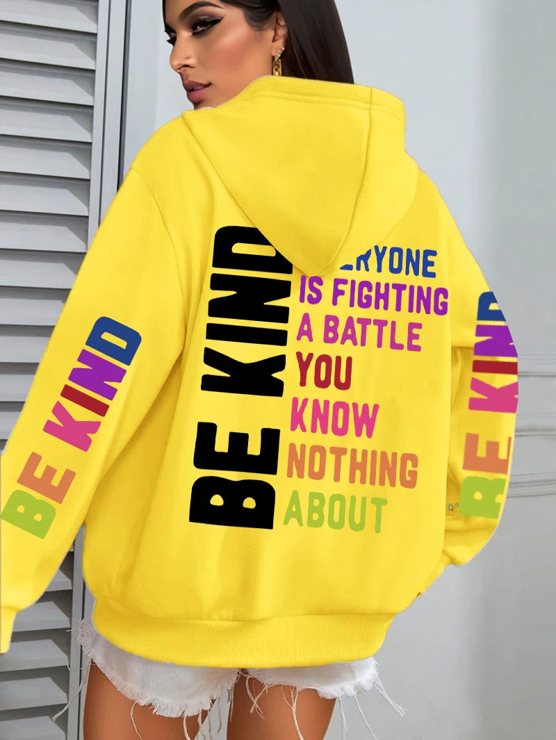 Be Kind Hoodies Women Letter Prints Winter Fleece Warm Hooded Street Pocket Loose Sweatshirts Casual All-match Woman Clothes