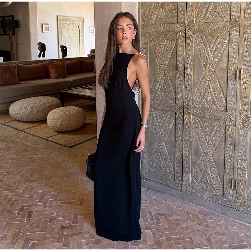 Polka Dots Backless Sleeveless Beaded Square Collar Long Dress for Women