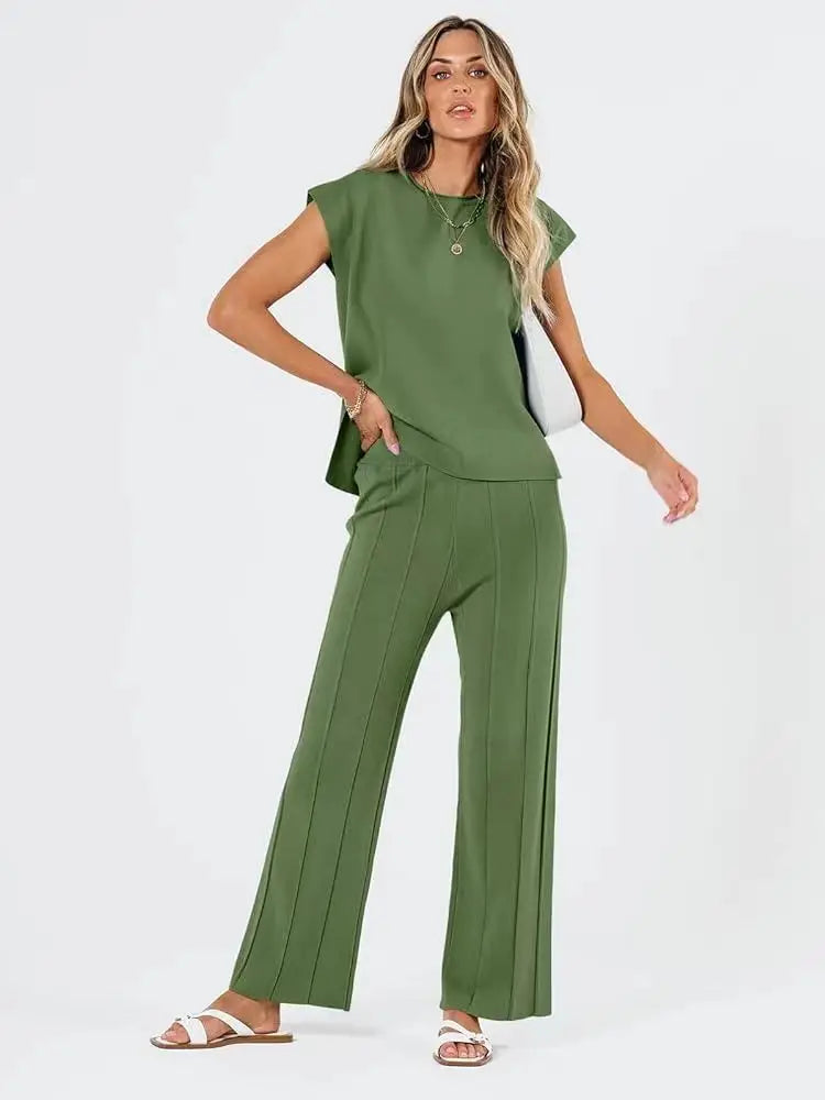 Summer Soft Knit Sleeveless Vest and Wide Leg Pants Set for Women