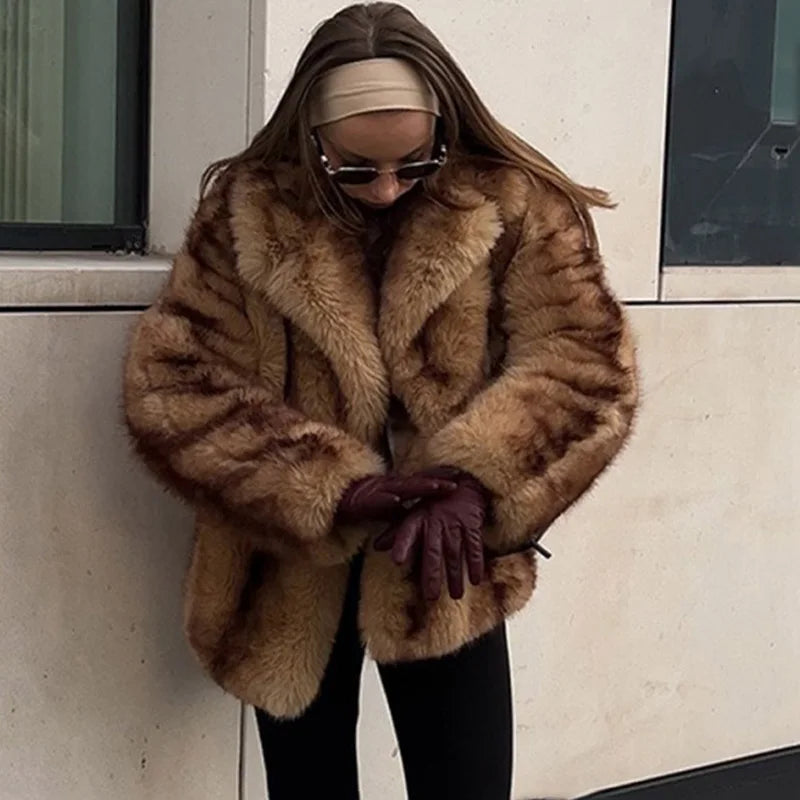 Lapel Collar Faux Fur Coat