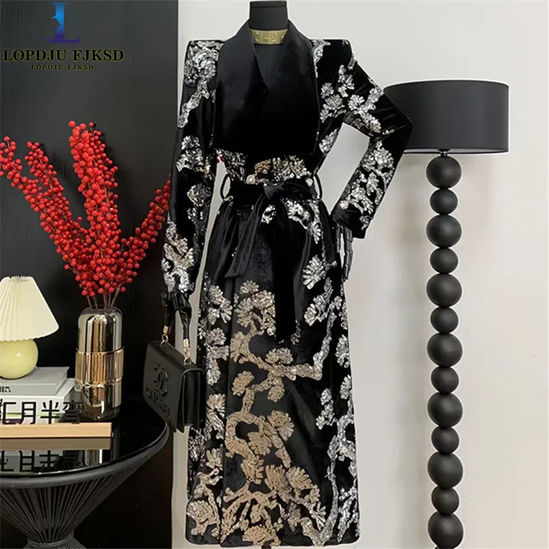 Adjustable Waist Windbreaker Coat Autumn/Winter New Sequins Trench Coat, Women's Coat, English Style Overcoat