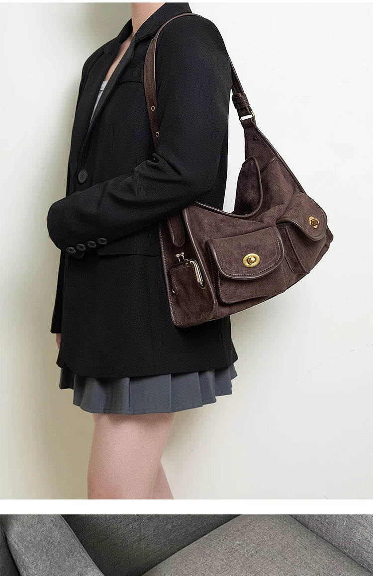 Casual Commuter Large Capacity Suede Pillow Bag Single Shoulder Crossbody Bag Vintage Style Polyester Lining Zipper Closure