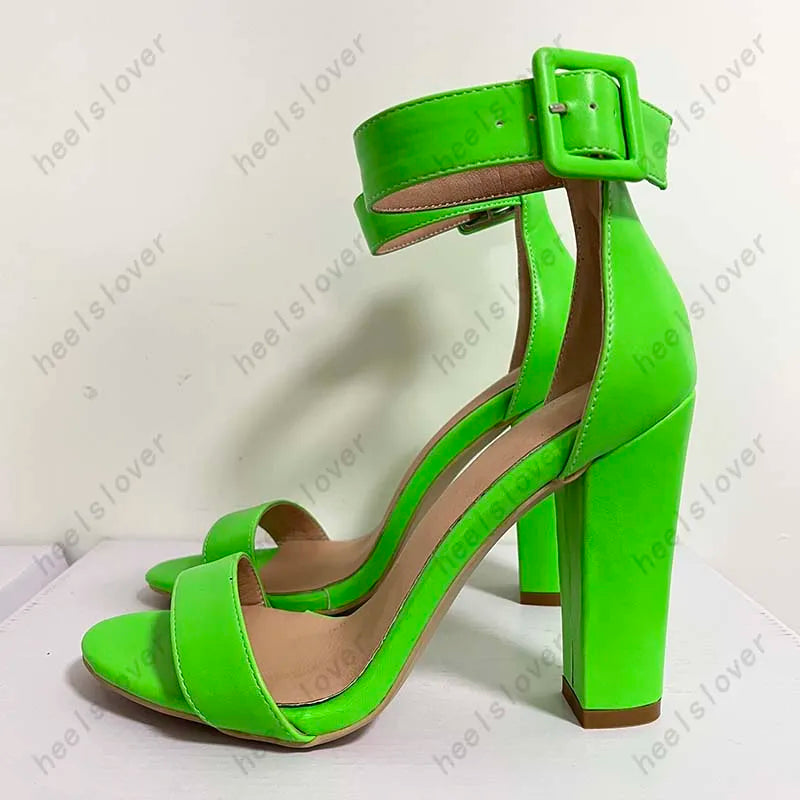 Elegant Green Square Toe Buckle Strap Heeled Sandals For Women