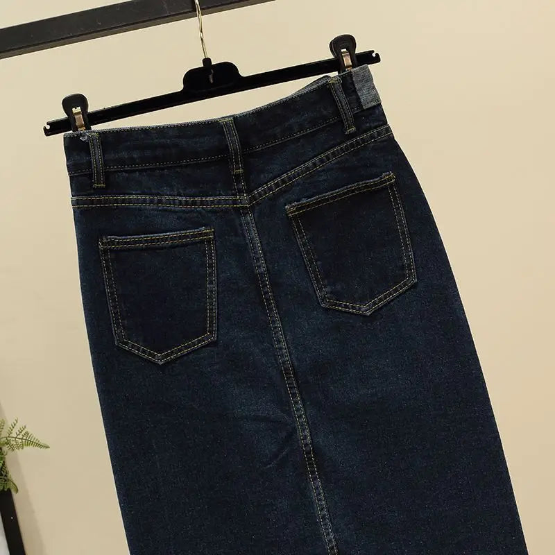 High Waist Split A-Line Denim Midi Skirt With Pockets For Women
