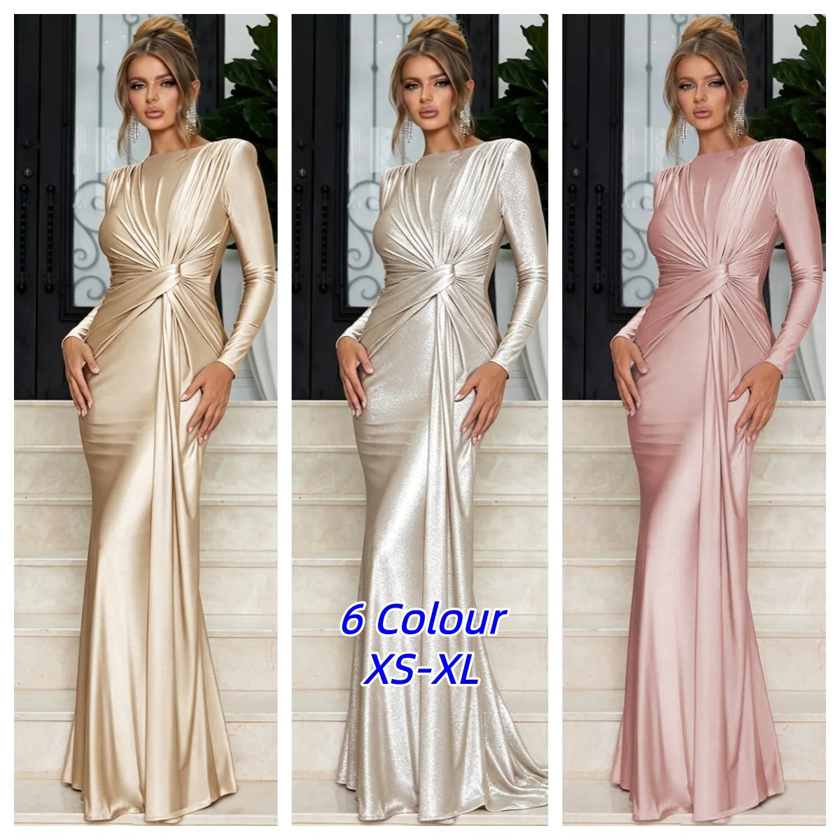 Elegant Ruched Long Sleeve Pleated Maxi Dress for Women