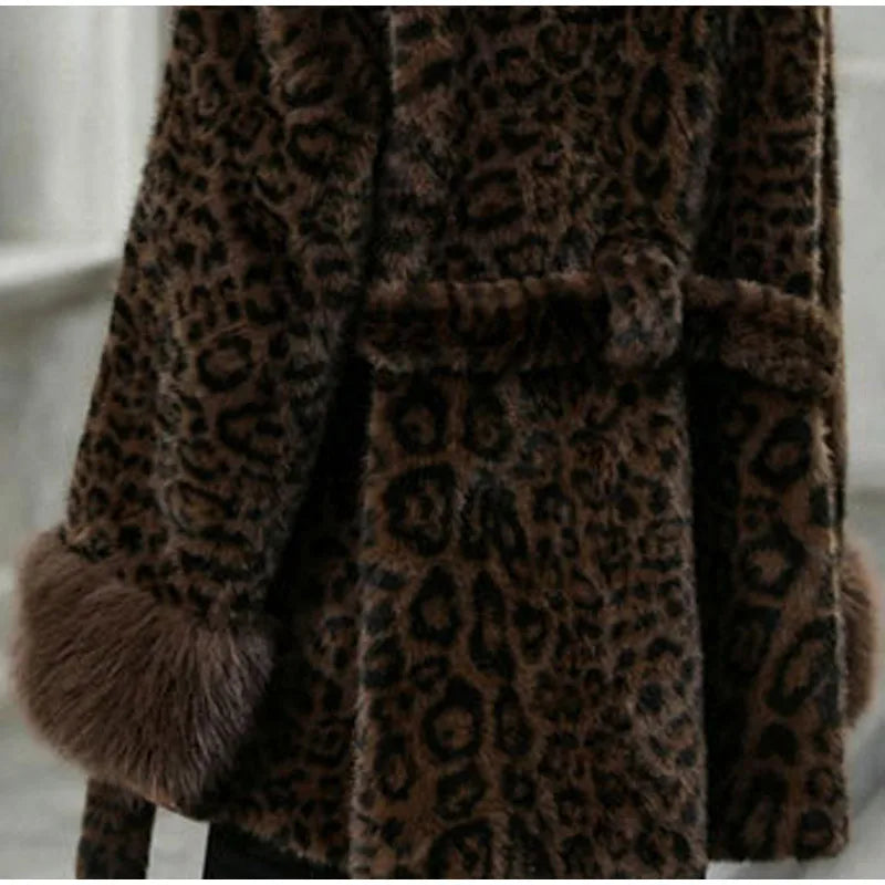 Leopard Print Faux Fur Patchwork Winter Overcoat for Women