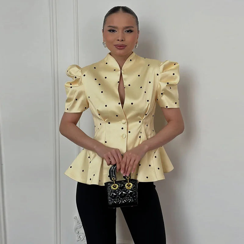 Elegant Printed Puff Sleeve Stand Collar Shirt for Women