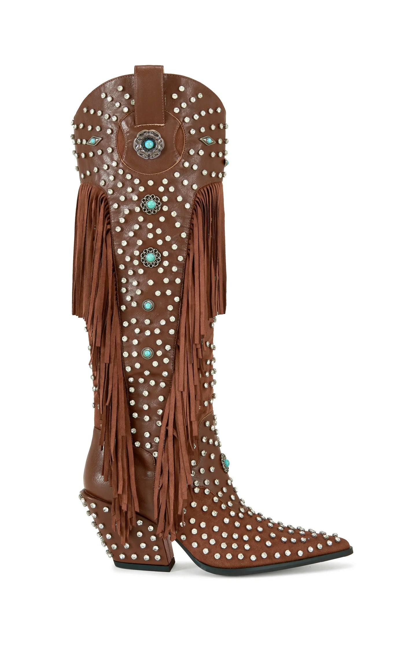2025 Diamond Fringes Western Boots Women Sparkly Block High Heels Crystal Trim Shoes Ladies Winter Pointed Toe Knee High Boots