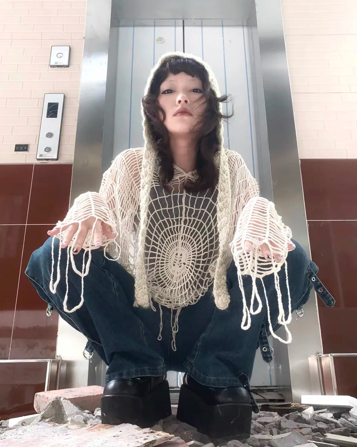 Karrram Japanese Y2k Hollow Out Knitted Top Trashy 2000s Style Spider Web Pullover Vintage Harajuku Hole Hooded Knitwear Grunge